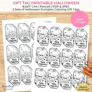 Printable Gift Tag Halloween Pumpkin Coloring Pages, Halloween Treat Tag, Halloween Favor Tag, Happy Halloween Coloring Goodie Bag Tag