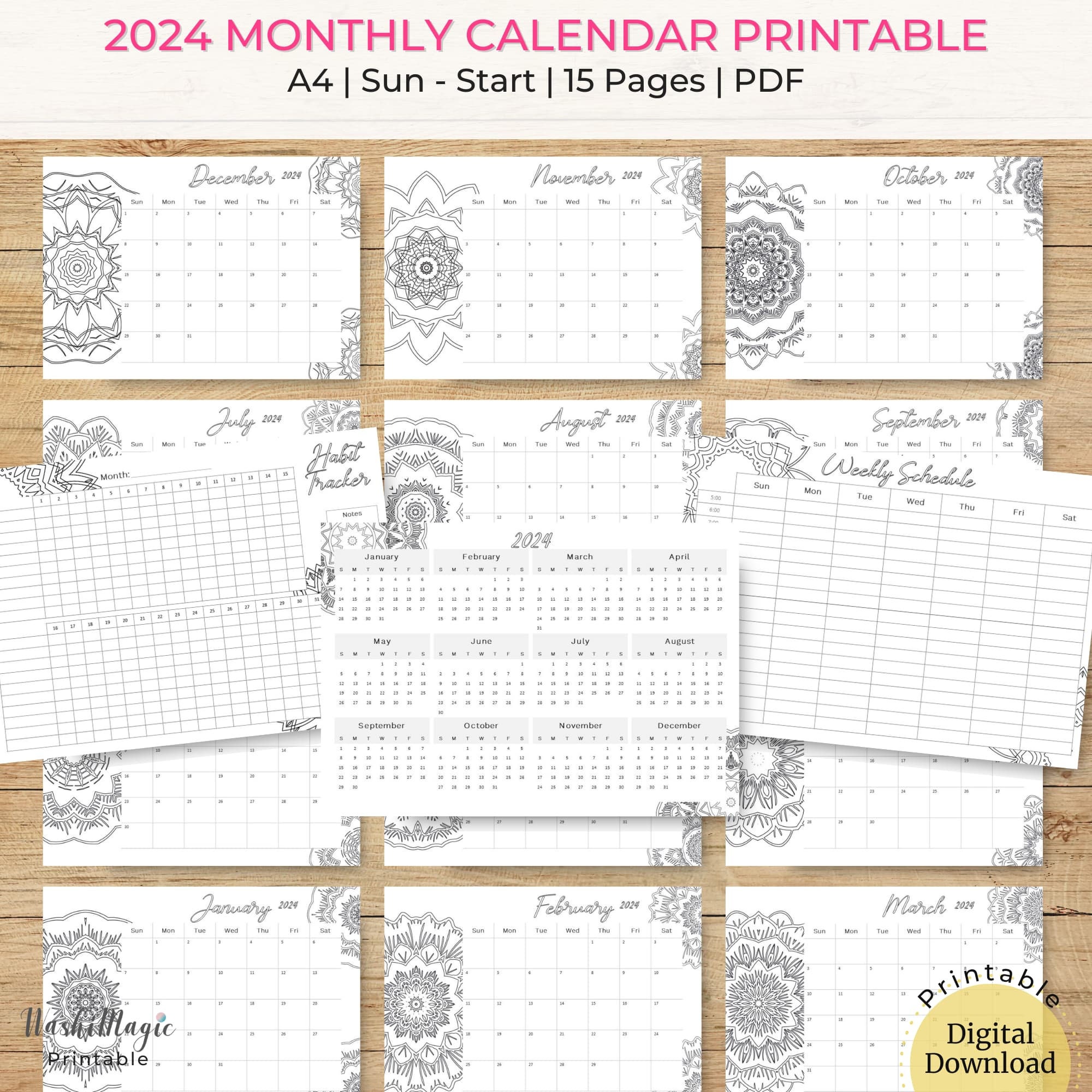 Mandala Calendar Printable 2024 Monthly Planner, Mandala Coloring Calendar, Yearly Wall Calendar ...
