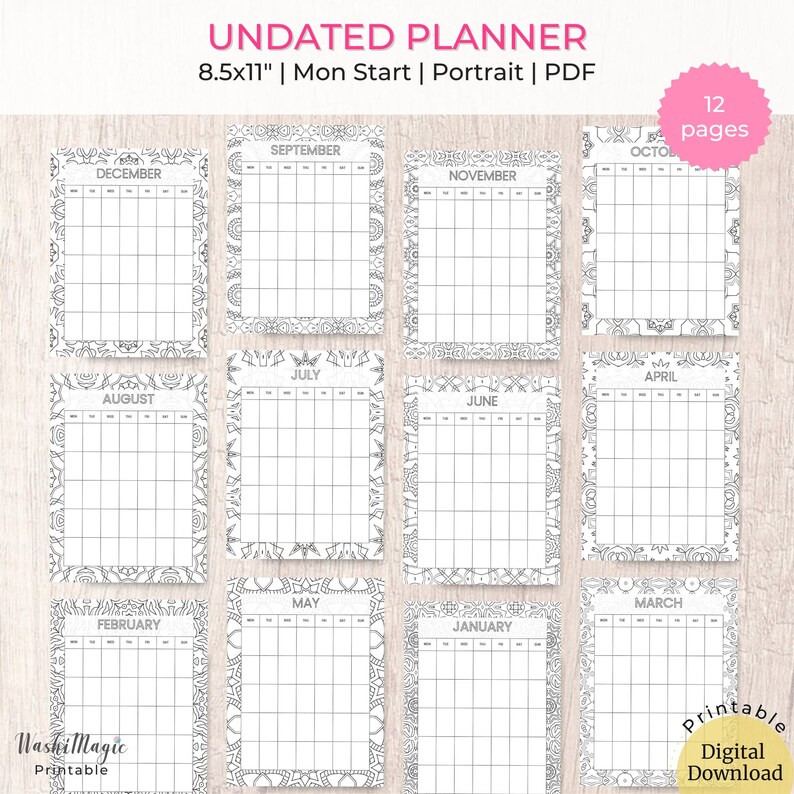 Magical Mandala Coloring Page Planner Printable, Undated Planner Weekly ...