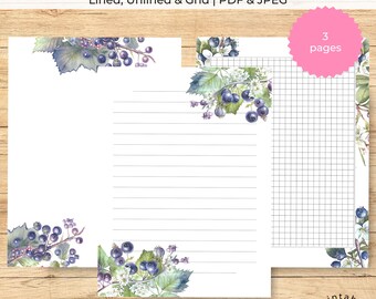 Printable Stationery Paper Set Blueberry Flower | Lined Unlined Grid Journal Page | Digital Letter Paper | Stationery Letter Writing Sheets