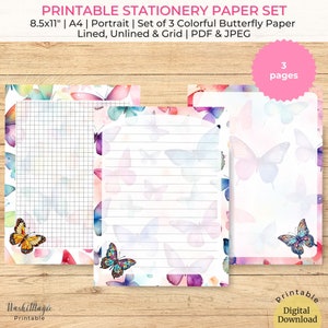 Druckbares Briefpapier-Set zum Thema Schmetterling, gefüttert, unliniert, Gitter-Designs, druckbares Notizbuchpapier, Briefschreiben Dekorpapier