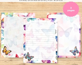 Butterfly-Themed Printable Stationery Paper Pack, Lined, Unlined, Grid Designs, Printable Notebook Paper, Letter Writing Decorative Paper