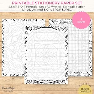 Juego para colorear de papel de papelería imprimible Mandala místico, papel para escribir cartas, papel rayado, papel en blanco, papel cuadriculado, página para colorear Mandala