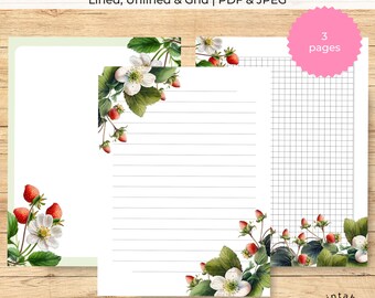 Strawberry Flower Stationery Paper: Lined, Unlined, Grid Letter Writing Set (Digital Download)