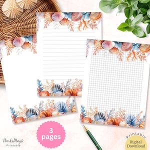 Juego de papel de conchas marinas para imprimir, papel cuadriculado, papel rayado, papel sin rayar, juego de cartas para escribir, lista de tareas para imprimir, papelería kawaii