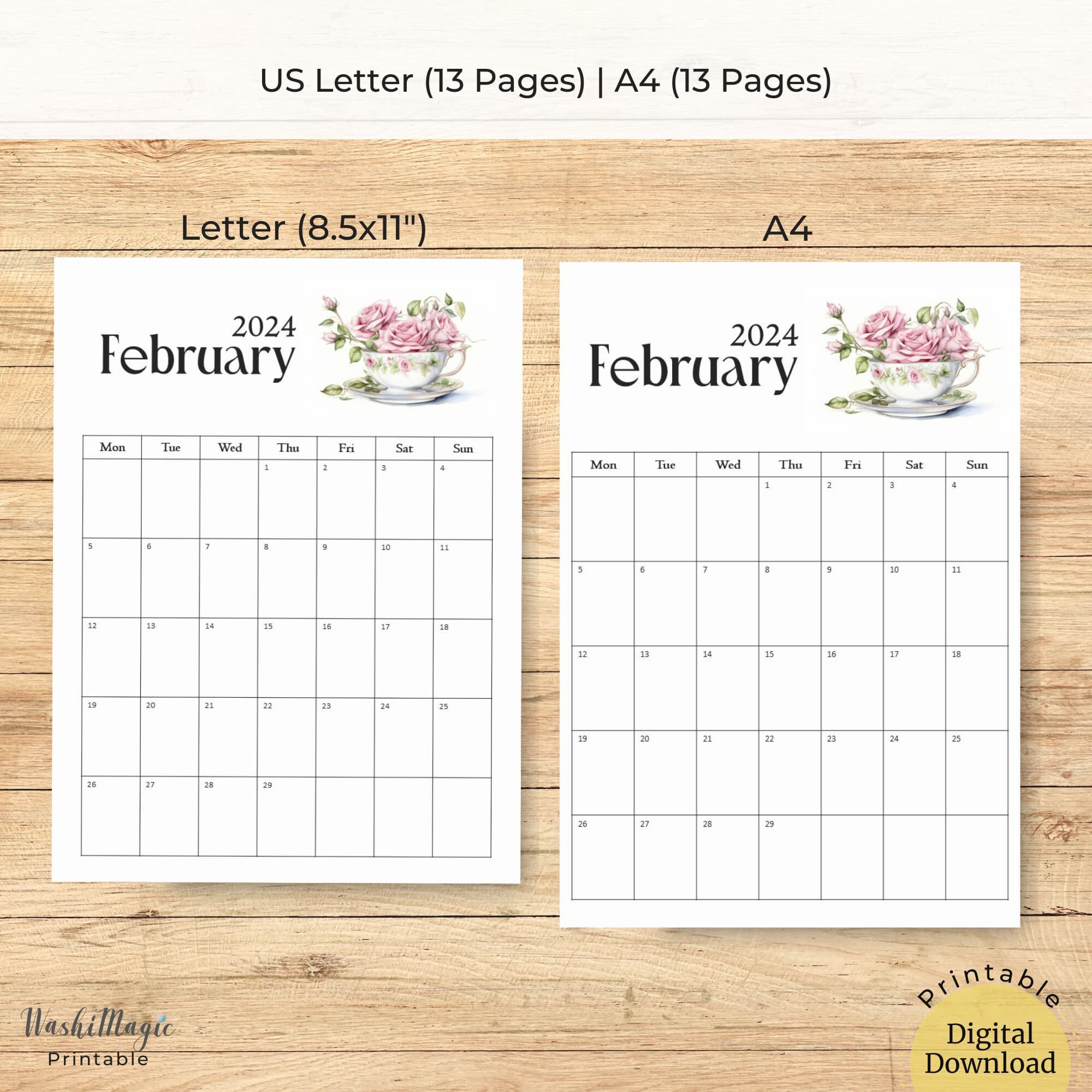 Vintage Teacup Calendar Printable Wall Calendar, to Do List Monthly ...