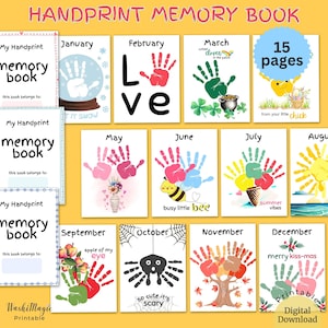 Printable Handprint Memory Book 12 Months Handprint Art For Kids, DIY Handprint Craft Memory Art Keepsake, Preschool Handprint Activity