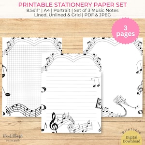 Pagine di diario di cancelleria per note musicali stampabili, elenco di cose da fare stampabile, set di carta da lettere per penna, set per scrittura di lettere, set di cancelleria per penna