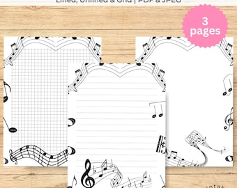 Music Notes Stationery Paper: Lined, Unlined, Grid Penpal Writing Paper Set (PDF & JPEG)