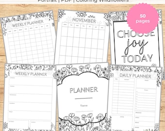 Coloring Wildflowers Productivity Planner: Undated Weekly, Monthly, Daily Schedule (PDF)