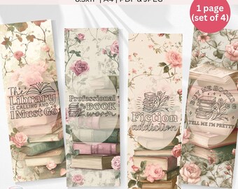Vintage Shabby Chic Rose Book Quotes Printable Bookmarks Set of 4 (PDF & JPEG)