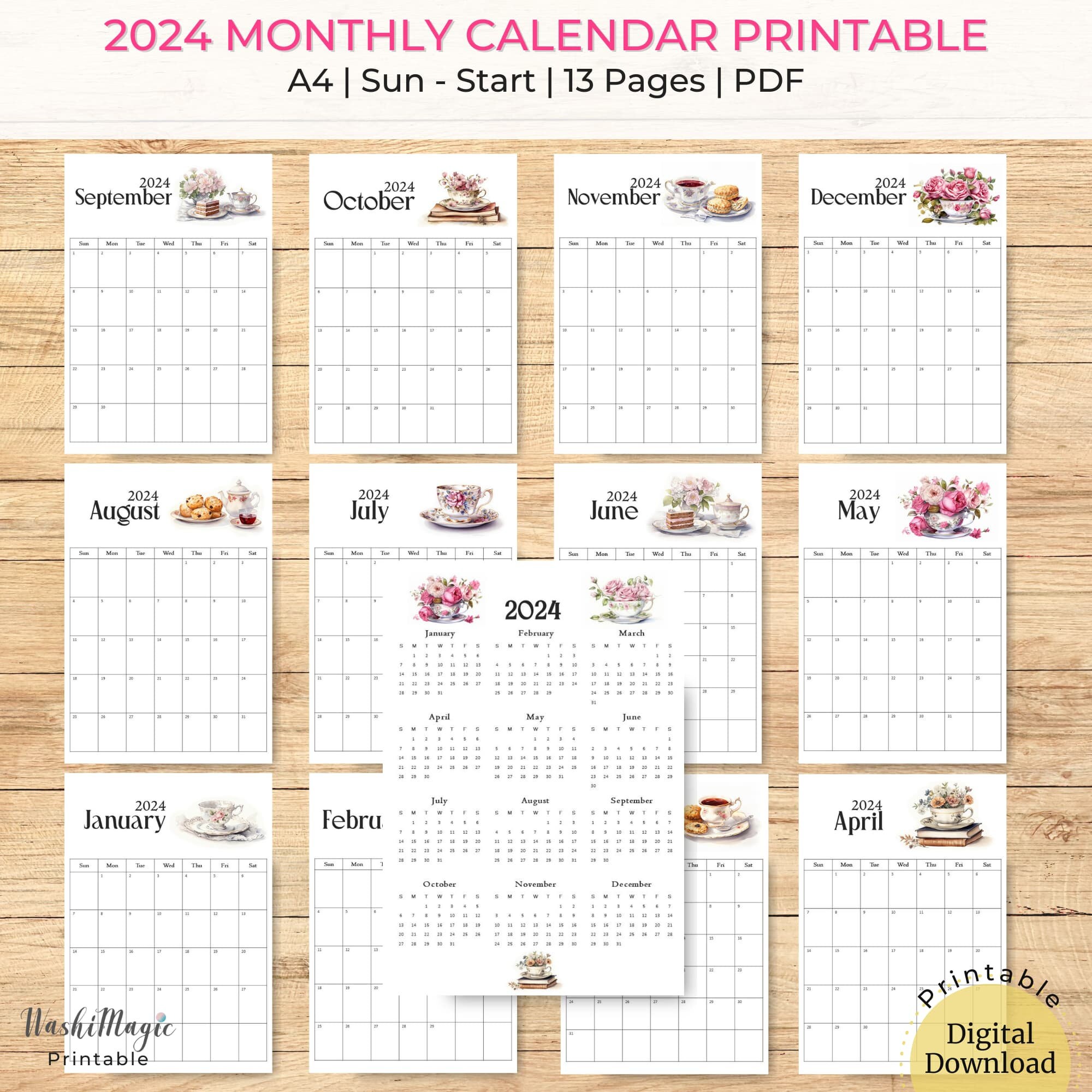 Vintage Teacup Calendar Printable Wall Calendar, to Do List Monthly ...