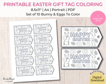 Printable Easter Gift Tag, Coloring Set of 10 Bunny & Eggs, Black and White Bunny Gift Tag, Easter Rabbit Gift Tags, Party Favor Tags
