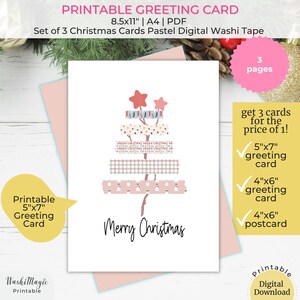 Tarjeta de felicitación y postal navideña en color rosa pastel, cinta washi digital imprimible en tonos pastel, tarjeta de felices fiestas, juego de tarjetas imprimibles con árbol de Navidad