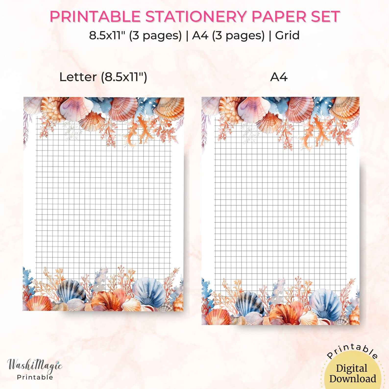 Printable Seashell Stationery Paper Set, Grid Paper, Lined Paper ...