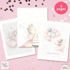 Pastel Pink Fairy Birthday For Girls, Printable Stationery Paper Set, Girly Prints Set of 3, Cubicle Decor, Cute Desk Decor, Kids Stationary
