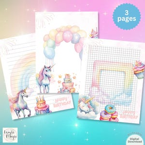 Adorable juego de papelería con temática de cumpleaños de unicornio, papel imprimible, juegos de papelería para niños, lindo bloc de notas, juego de escritura de cartas, papel decorativo