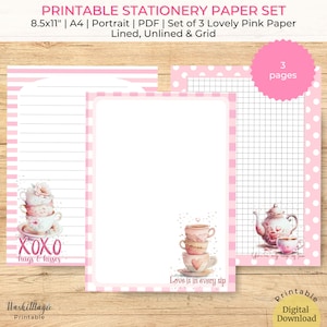 Pink Stationery Paper Set: Lined, Unlined, Grid Paper for Journaling (PDF)