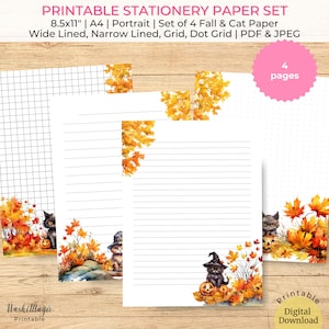 Imprimibles de papel de papelería de otoño, juego de 4, papel forrado de otoño y gato, forrado, papel cuadriculado, papel de escritura de cartas de diario de puntos, diario de gatos