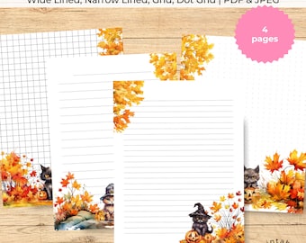 Autumn Cat Stationery Paper: Lined, Grid, Dot Journal Letter Writing Set (Digital Download)