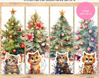 May include: Set of four printable Christmas cat bookmarks. Each bookmark features a watercolor illustration of a cat with a Christmas tree and lights. The bookmarks are 8.5 inches by 11 inches and are available in PDF and JPEG formats.