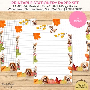 Otoño Otoño y Perros Conjunto de 4 Papel de Nota de Papelería Imprimible, Diario de Página de Cuaderno, Escritura de Cartas, Forrado Ancho y Estrecho, Cuadrícula, Cuadrícula de Puntos