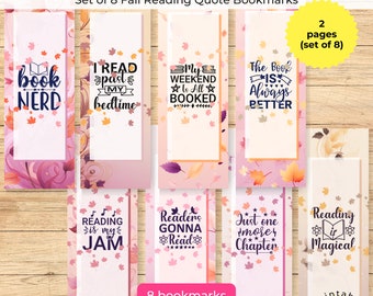 Fall Reading Quotes Set of 8 Bookmark Printable, Aesthetic Bookmark Gift Idea, Cozy Autumn Bookmark Set, DIY Bookmarks Gift Set For Her
