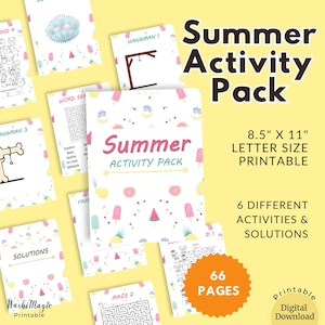 May include: A printable summer activity pack with 66 pages, featuring a variety of activities such as word searches, mazes, and hangman. The pack is 8.5 inches by 11 inches and is letter size printable.