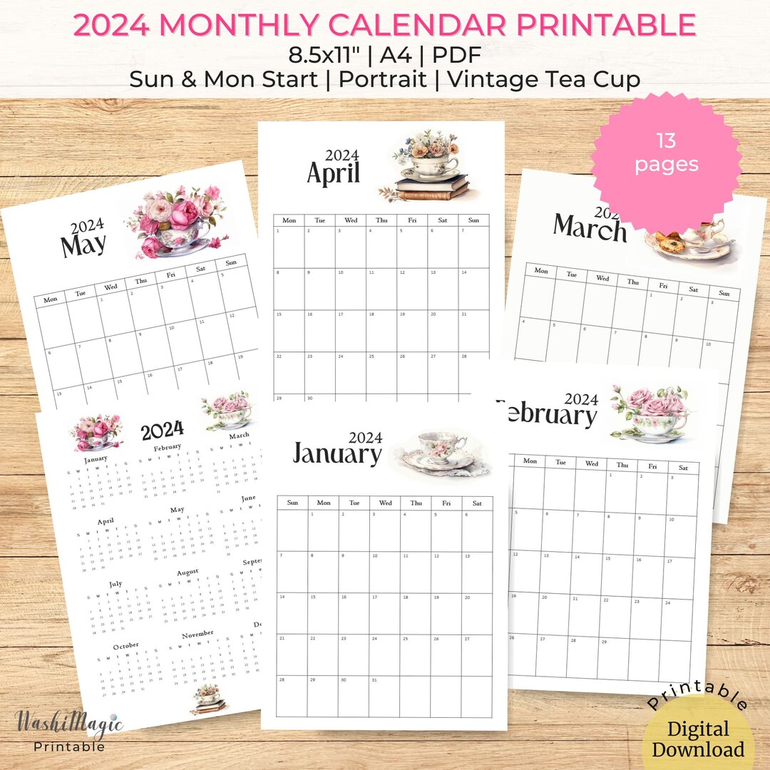 Vintage Teacup Calendar Printable Wall Calendar, to Do List Monthly
