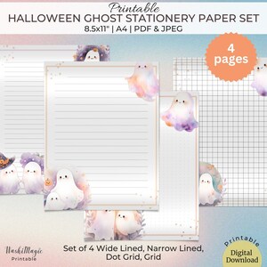 Kit de papelería de Halloween con fantasmas espeluznantes y dulces, juego de papel para escribir cartas y diarios para niños, papel rayado, sin raya, cuadriculado y cuadriculado