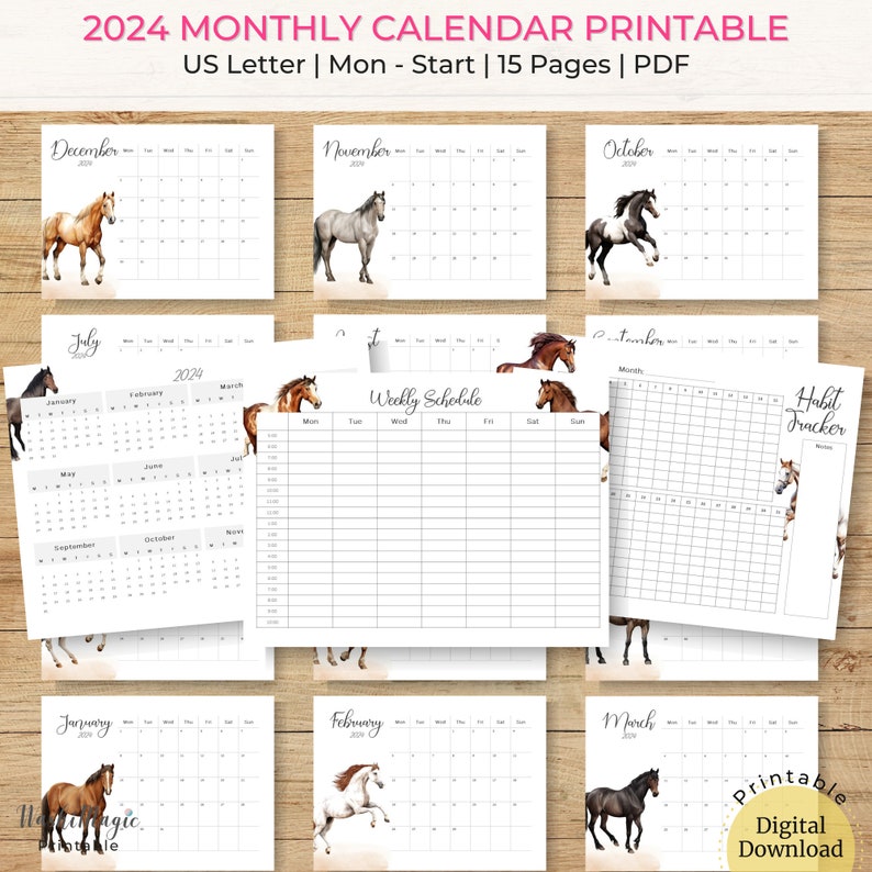 Horse Calendar Printable Landscape 2024 Monthly Planner, Yearly Wall