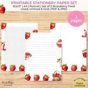 May include: Printable stationery paper set with three pages featuring a strawberry theme. The pages include lined, unlined, and grid options. The design features strawberries, cupcakes, and jars of jam.
