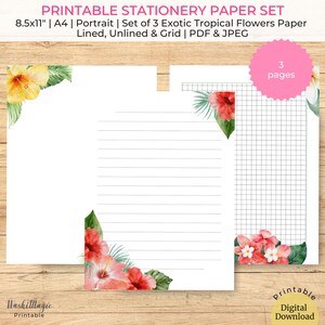 Exotic Tropical Flowers Stationery Paper Set Printable, Lined Page, Journal Unlined, Grid Paper To Do List, Letter Writing, Work To Do List