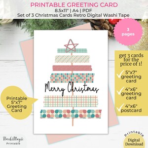 Tarjeta de felicitación y postal navideña retro, cinta washi digital imprimible, tarjeta de felices fiestas, juego de tarjetas imprimibles con árbol de Navidad, idea de regalo