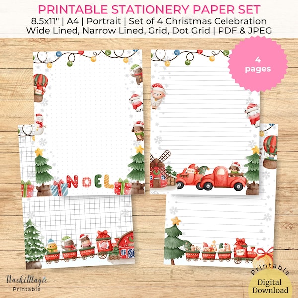 Christmas Celebration Notebook Paper, Printable Christmas Stationary, Set of 4 Cute Letter Sets, Christmas Papers, To Do List Journal