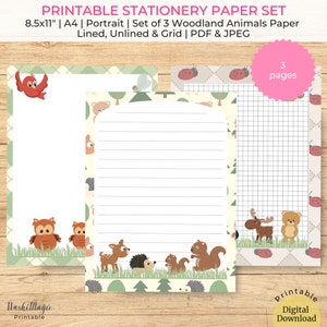 May include: Printable stationery paper set with woodland animal illustrations. The set includes three 8.5x11 inch pages: lined, unlined, and grid. The pages feature a green and brown woodland animal pattern with a white background.