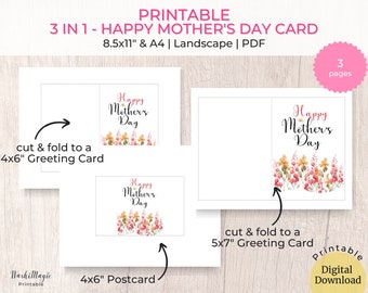 Printable 3 in 1 Happy Mother's Day Card [44] | 4x6" Greeting Card | 4x6" Postcard | 5x7" Greeting Card | Printable Card For Mom Flower