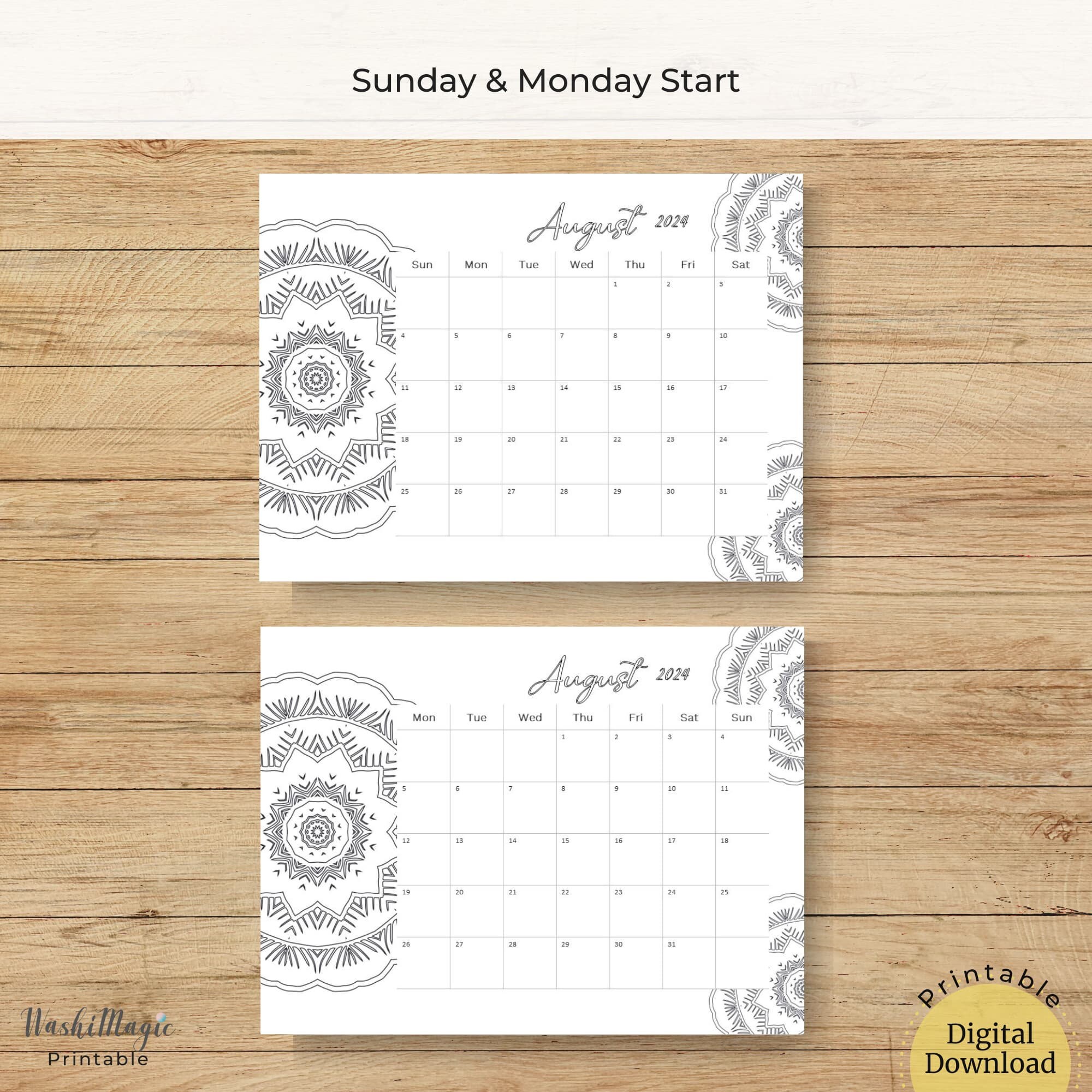 Mandala Calendar Printable 2024 Monthly Planner, Mandala Coloring Calendar, Yearly Wall Calendar ...