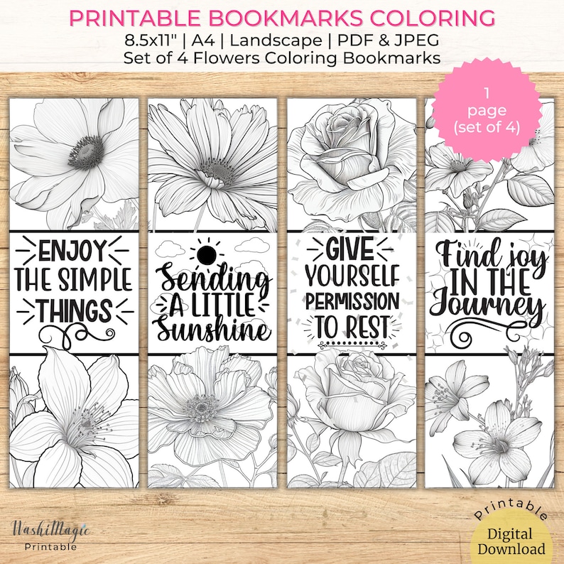 Flower Bookmark to Color Printable Set of 4, Flowers Coloring Bookmarks ...
