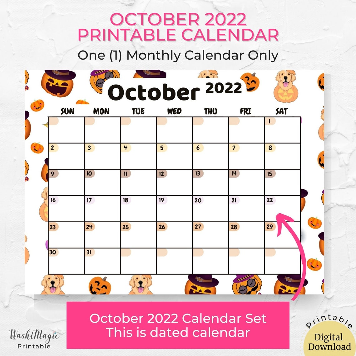 October 2022 Printable Calendar Dogs and Pumpkin October - Etsy