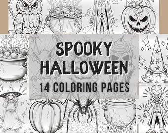 May include: A set of 14 black and white coloring pages featuring spooky Halloween themes. The pages include images of a witch, a spider, a pumpkin, a cauldron, a vampire, and an owl. The text "Spooky Halloween 14 Coloring Pages" is displayed in the center of the image.