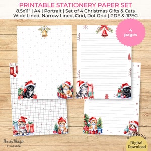 Christmas Gift & Cat Notebook Paper, Letter Writing Paper, Printable Christmas Stationery Set of 4, Christmas Papers Gift, Cat Stationery