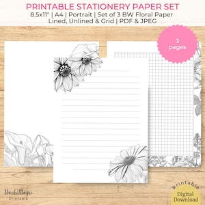 Conjunto de papelería imprimible para colorear floral en blanco y negro, página forrada, página en blanco, página de diario de cuadrícula, conjunto de escritura de cartas, páginas para colorear florales