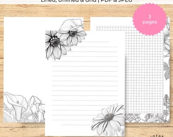 Black & White Floral Coloring Printable Stationery Set, Lined Page, Blank Page, Grid Journal Page, Letter Writing Set, Floral Coloring Pages