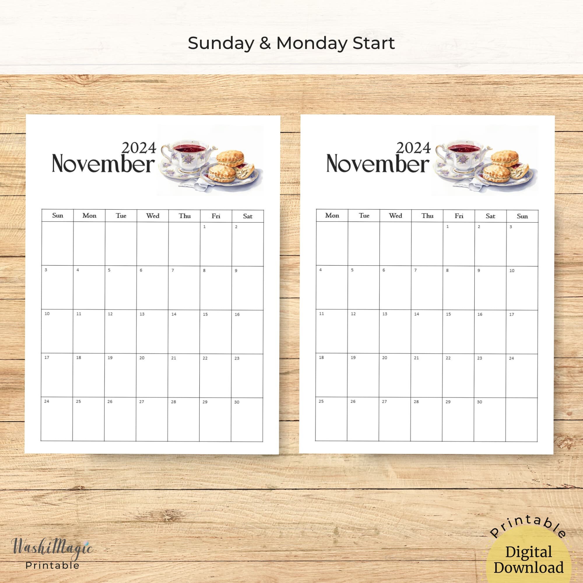 Vintage Teacup Calendar Printable Wall Calendar, to Do List Monthly ...