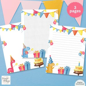 Divertido juego de papelería de dinosaurios para niños, juego de 3 papeles de papelería de cumpleaños de dinosaurios imprimibles, lindo juego de cartas escritas a mano.