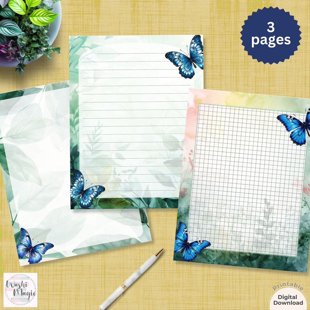 Blue Butterfly Printable Stationery Set: Lined Letter Paper Penpal ...