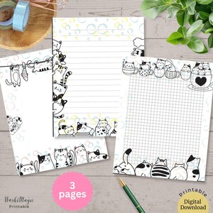 Lindos gatos para colorear en blanco y negro, juego de papelería, plantilla de lista de tareas para imprimir, páginas de diario para colorear, papel para escribir cartas a amigos por correspondencia
