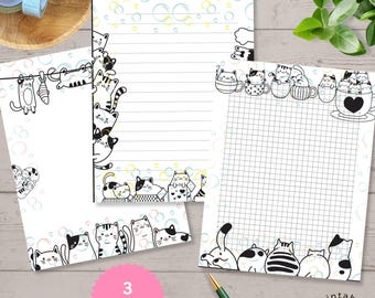 Cute Cats Black & White Coloring Stationery Paper Set Printable To Do List Template, Coloring Journal Pages, Pen Pal Letter Writing Paper