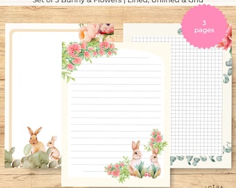 Printable Stationery Paper Set Bunny & Flowers | Lined Unlined Grid Paper | Letter Writing Paper | Digital Letter Paper | Stationery Paper